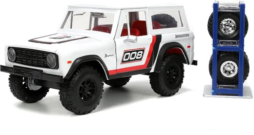 Jada Just Trucks 1:24 1973 Ford Bronco Bridgestone - Portaneumáticos fundido a presión, juguetes para niños y adultos (blanco y rojo)