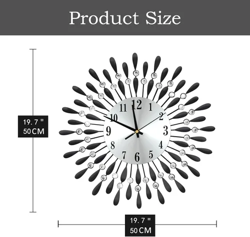 Miniatura 5 de Reloj de pared de 19.7 pulgadas, negro, para decoración de sala de estar, esfera de pétalos de metal silenciosa sin tictac, grandes relojes de pared