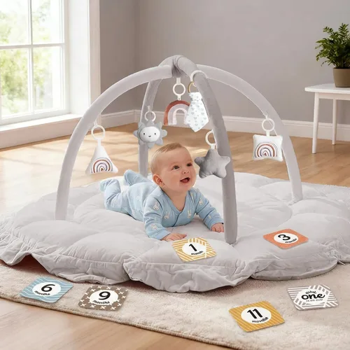 Miniatura 16 de Mallify Gimnasio de felpa 5 en 1 para bebés, tapete de juego para bebés, gimnasio convertible para bebés con manta y 6 juguetes, tapete
