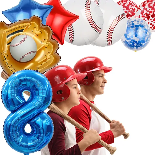 Miniatura 7 de Globos de béisbol de papel de aluminio para decoración de cumpleaños, globos con el número 8, globos de confeti de estrella roja y azul para Béisbol