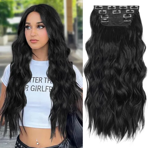 Miniatura 31 de ALXNAN Extensiones de cabello sintético largo y ondulado con clip, de 16 pulgadas, color negro natural, 4 piezas gruesas, fibra de doble trama