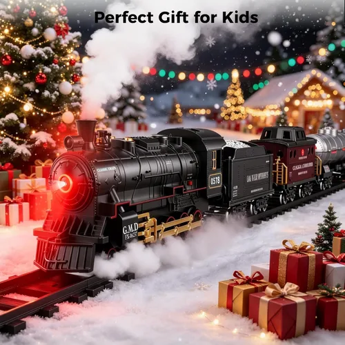 Miniatura 6 de Juego de tren eléctrico con control remoto de Navidad, locomotora de vapor, vagón de carga y pistas, juguetes de tren recargables para niños con 3