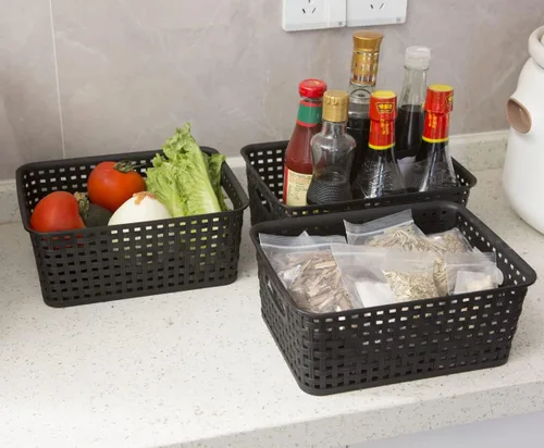 Miniatura 5 de Cestas de almacenamiento tejidas de plástico negro, paquete de 6 cestas de tejido organizador para cocina, oficina, baño