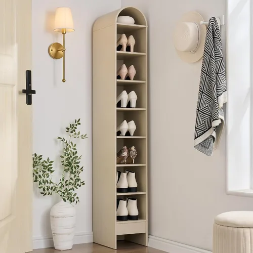 Miniatura 11 de IFGET Armario de almacenamiento de zapatos arqueado de 67 pulgadas de alto, 8 niveles y 8 pares de zapateros de madera con 3 estantes ajustables