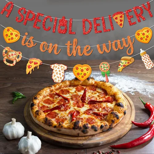 Miniatura 5 de Banner con texto en inglés «A Special Delivery Is on the Way» Decoraciones para fiestas de pizza, entrega especial, pizza, baby shower, baby shower