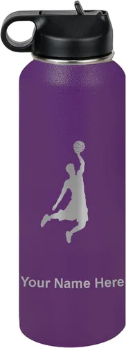 Miniatura 55 de LaserGram Botella de agua personalizada, hombre haciendo slam dunk de baloncesto, de acero inoxidable, de doble pared con aislamiento al vacío