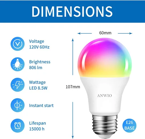 Miniatura 3 de ANWIO Bombillas inteligentes de 8.5 W (reemplazo de 60 W) A19 E26 bombilla LED funciona con Alexa, Google Assistant, aplicación Smart Life