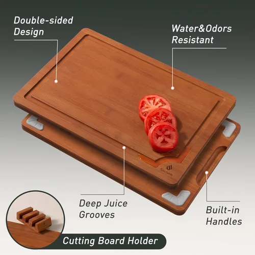 Miniatura 4 de Juego de 3 Tablas de Cortar de Bambú con Soporte de Pies Antideslizantes y Sobre el Fregadero, Bonita Tabla de Cortar de Madera Sólida Gruesa