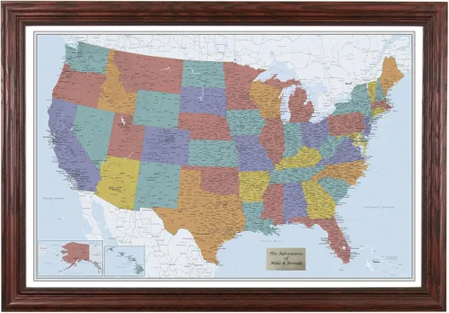 Miniatura 42 de Push Pin Travel Maps Lienzo personalizado Blue Oceans USA con marco gris de madera de granero