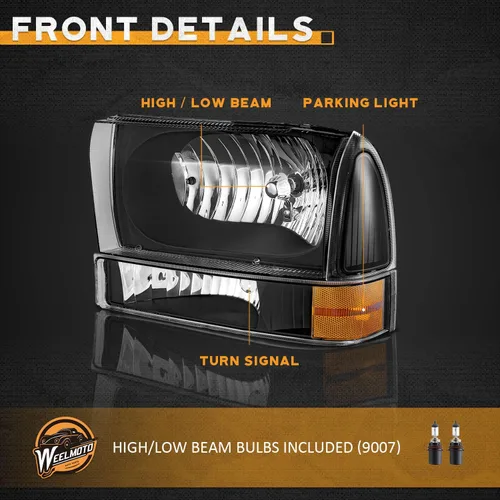 Miniatura 7 de WEELMOTO Conjunto de faros con bombillas para Ford Super Duty F250 F350 F450 F550 99-04, para Ford Excursion 00-04 con luz de señal de parachoques