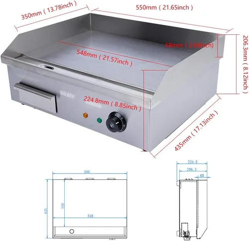 Miniatura 3 de TFCFL Parrilla eléctrica de mesa de 110 V para encimera de restaurante, parrilla plana de acero inoxidable, control de temperatura ajustable