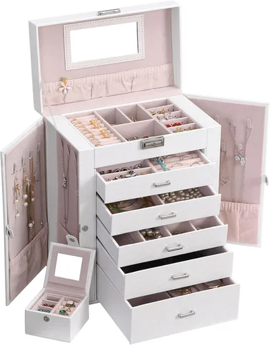 ANWBROAD Enorme caja de joyería de 6 niveles organizador de joyas con cerradura de espejo caja de joyería para niñas aretes anillos collares