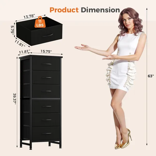 Miniatura 3 de Sweetcrispy Cómoda alta de tela para dormitorio, cómoda delgada de 6 cajones, torre de almacenamiento estrecha con parte superior de madera y marco