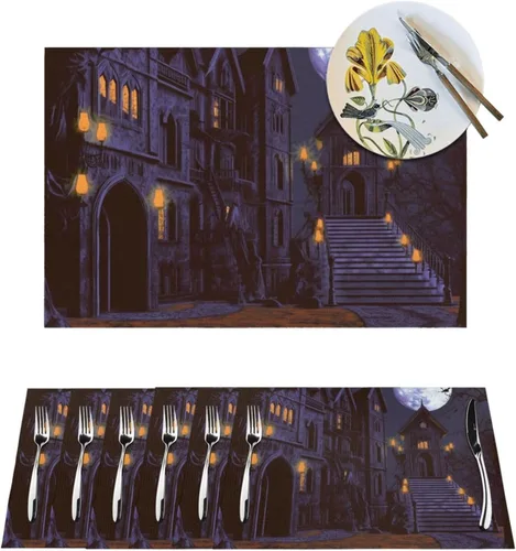 6 PCS PVC Placemats Set Place Mats Halloween Haunted Non-Slip Weave Place Mats 12" x 18" Farmhouse Table Mat Set for Family Dinners Wedding Parties