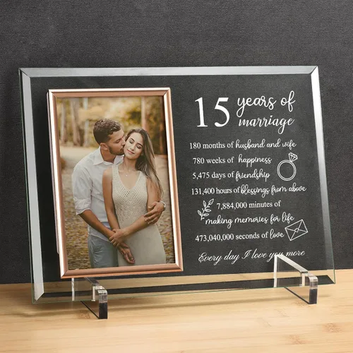 15 aniversario para ella o él, marco de fotos de aniversario de boda para esposa o marido, regalos de matrimonio de aniversario de cristal para