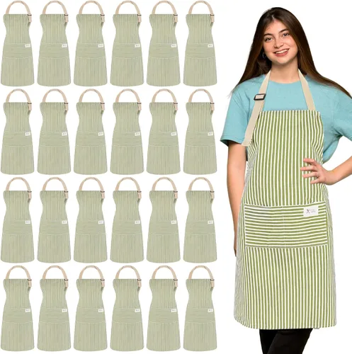 Miniatura 13 de Janmercy 24 delantales para mujeres y hombres con 2 bolsillos, delantal de cocina de lino, delantal ajustable para chef, delantales a granel unisex