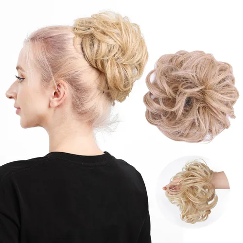Miniatura 21 de Moño de cabello despeinado castaño, moños desordenados falsos sintéticos, moño rizado, moño recogido y moño, extensiones de cabello envolvente