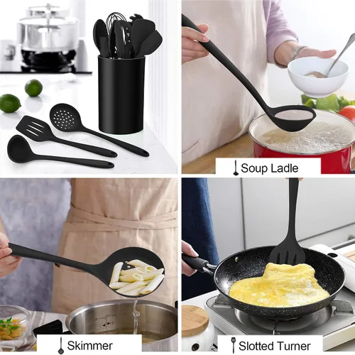 Miniatura 4 de LIANYU Juego de utensilios de cocina de silicona negra de 12 piezas con soporte, herramientas de cocina que incluyen espátula ranurada, cuchara
