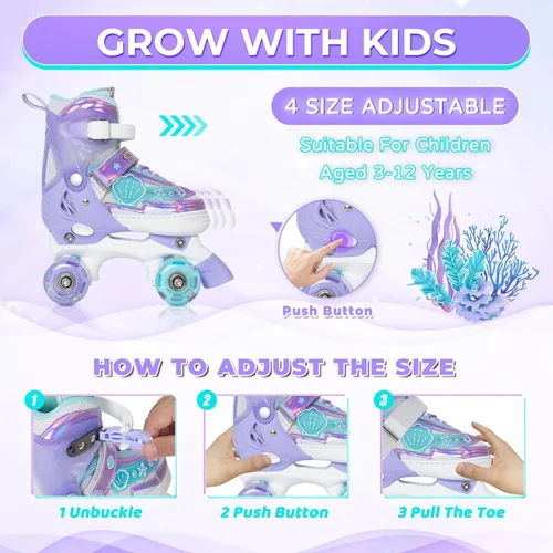 Miniatura 3 de MammyGol Patines de Ruedas para Niñas Niños, 4 Tamaños Ajustables Patines Cuádruples para Niños Pequeños Interiores Exteriores Edades 3-8, Rosa Azul