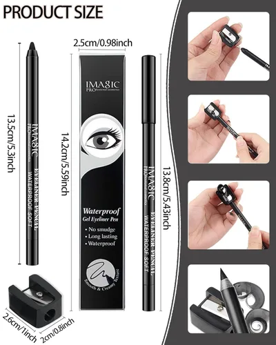 Miniatura 3 de Lápiz delineador de ojos de gel a prueba de manchas negro impermeable con sacapuntas, a prueba de decoloración, lápiz delineador de ojos suave, 2