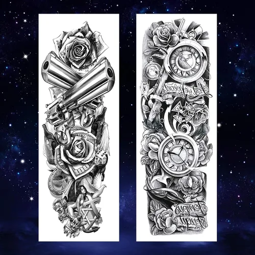 Miniatura 3 de 4 hojas de tatuajes temporales de brazo completo para adultos, color rosa pistola de tatuajes, impermeables, arte corporal de larga duración