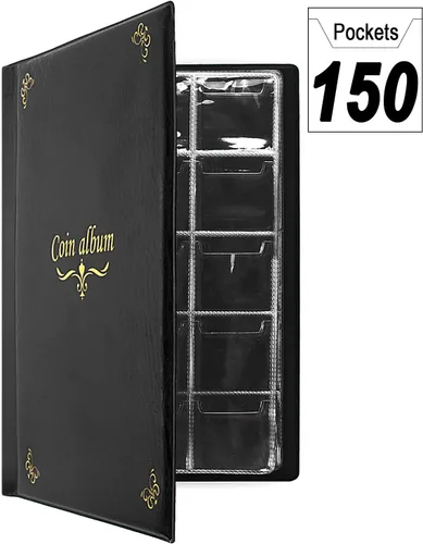 Miniatura 8 de Álbum de monedas de 150 bolsillos, libro de colección de monedas de recuerdo, ideal para pasaporte presionado, coleccionista de monedas de Negro