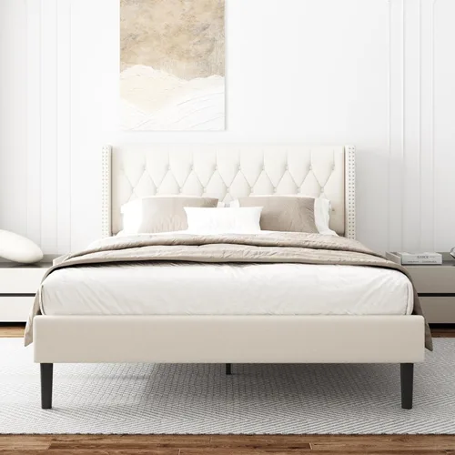 Miniatura 11 de HAOARA Base de cama de tamaño matrimonial, plataforma tapizada con cabecera con respaldo de ala, botón de terciopelo, fácil montaje, no necesita