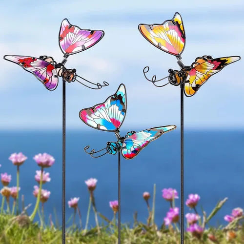 Juegoal Juego de 3 estacas de jardín de mariposas, estacas de mariposas coloridas de 20 pulgadas, adornos artísticos de vidrio y metal para patio,