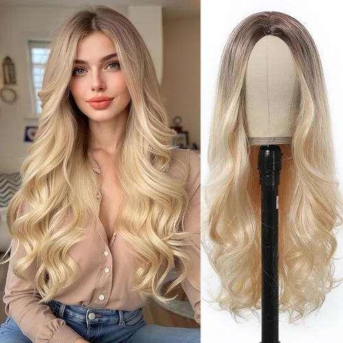 Miniatura 9 de Esmee Pelucas largas de color castaño rojizo ombré para mujer, peluca de cabello sintético ondulado y rizado natural para uso diario, fiestas