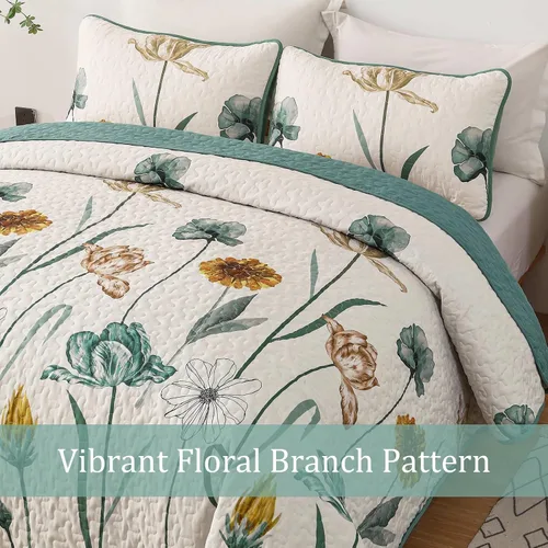 Miniatura 8 de WONGS BEDDING - Juego de edredón floral tamaño Queen, edredón botánico verde y amarillo con 2 fundas de almohada, juego de ropa de cama ligera