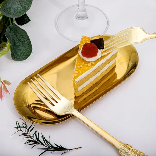 Miniatura 7 de WDF 100 tenedores dorados desechables, tenedores de plástico dorado de 7.48 pulgadas, cubiertos de plástico barroco para pastel de postre