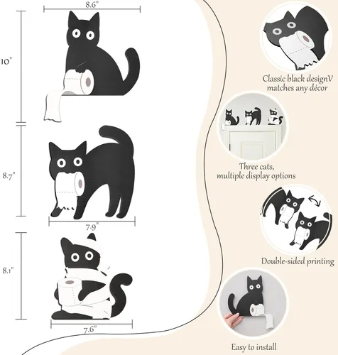 Miniatura 2 de Dripykiaa Divertida decoración de baño de gato negro, 3 piezas de decoración de pared de gato negro de madera, única para los amantes de los gatos