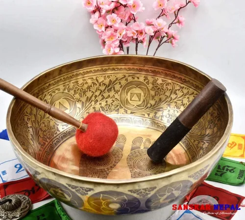 Cuenco grande para cantar – 16 pulgadas de diámetro – Cuenco de pie de Buda para estar grabado por artesanos de Nepal – para curación, baño de