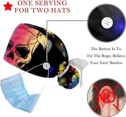 Miniatura 3 de 2 gorras Bouffant con botón bolsa de cola de caballo de algodón, banda para el sudor, gorra quirúrgica ajustable, diseño retro, calaveras florales