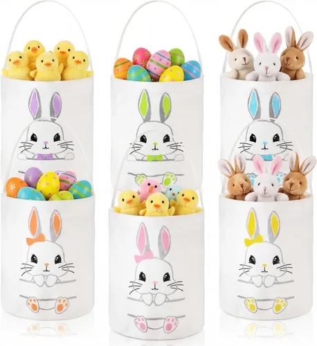 Photect Paquete de 6 cestas de Pascua para niños, bolsas de lona de conejo con asas, bolsas reutilizables para caza de huevos, colores pastel para