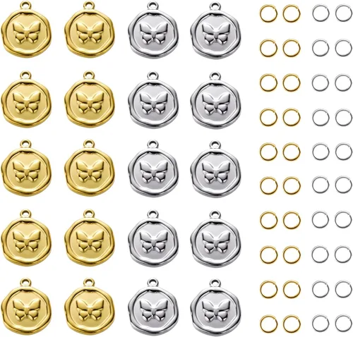 10pcs Gold Plated Stainless Steel Charms + 10pcs Steel Color Butterfly Charm Pendant Bulk with 40pcs Jump Rings