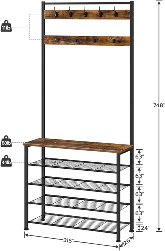 Miniatura 4 de HOOBRO Árbol de pasillo, perchero con zapatero, árbol de pasillo con banco, organizador de almacenamiento de zapatos de 5 niveles con 9 ganchos