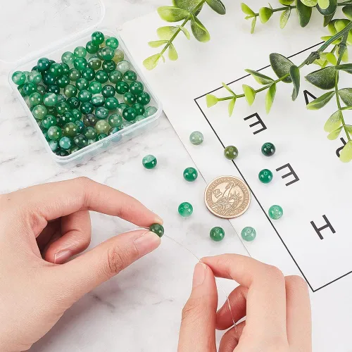 Miniatura 3 de OLYCRAFT Acerca de 94 cuentas de ágata natural de 0.315 pulgadas (0.315 in) teñidas de ágata verde a rayas verdes, cuentas redondas sueltas
