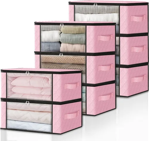 Miniatura 35 de HomeHacks Paquete de 3 bolsas organizadoras de ropa, caja de almacenamiento plegable con gran ventana transparente y asas resistentes para armario