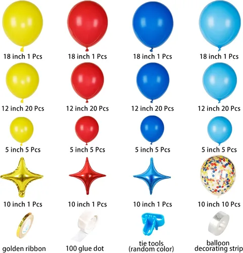 Miniatura 5 de JOYYPOP Kit de arco de globos de carnaval con 123 globos de confeti de látex de arcoíris rojo, azul, amarillo, para decoraciones de fiesta