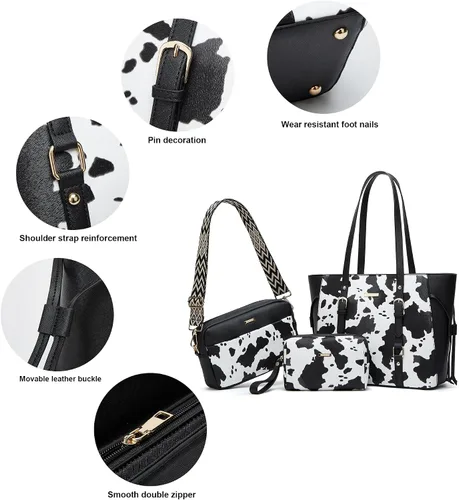 Miniatura 8 de Juego de 4 bolsas modernos para mujer de cuero sintético: bolso tote, bolso de hombro, bolso de mano y cartera.
