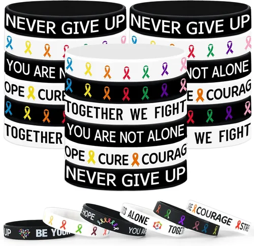Miniatura 24 de JUNEBRUSHS 42 piezas de accesorios de concientización sobre el cáncer de mama, pulseras de silicona Esperanza Fe Fuerza Coraje, pulseras accesorios