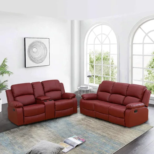 Miniatura 10 de Juego de sofá reclinable manual, muebles de cuero regenerado para sala de estar, sofás reclinables de cuero con portavasos, consola
