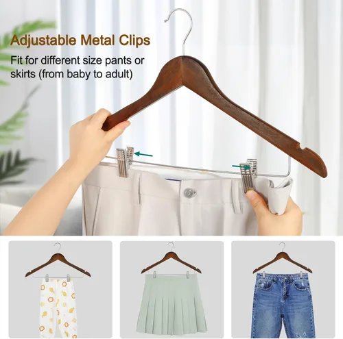Miniatura 4 de TOPIA HANGER Perchas de madera para trajes con clips de metal ajustables (paquete de 10), perchas de ropa de madera maciza, gancho giratorio