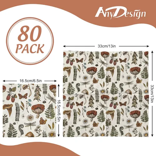 Miniatura 2 de AnyDesign 80 servilletas de papel de hongos vintage desechables con plantas de hongos, servilletas de almuerzo, estilo retro, postre, cena
