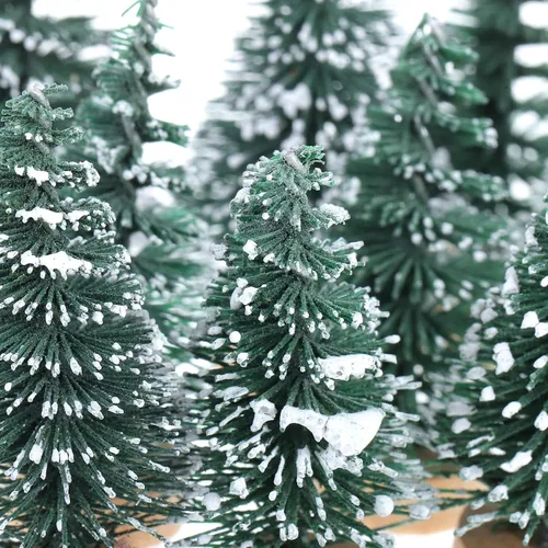 Miniatura 5 de SEWACC 10 mini árboles de Navidad de 2.0 in, botella de escarcha de nieve artificial con base de madera, adornos de nieve de invierno para Navidad