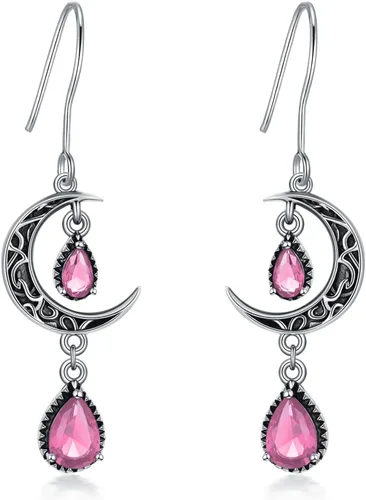 Aretes de luna para mujer, plata de ley 925, aretes colgantes de luna celta, esmeralda, amatista, rubí, zafiro, rosa, peridoto, aguamarina, citrino,