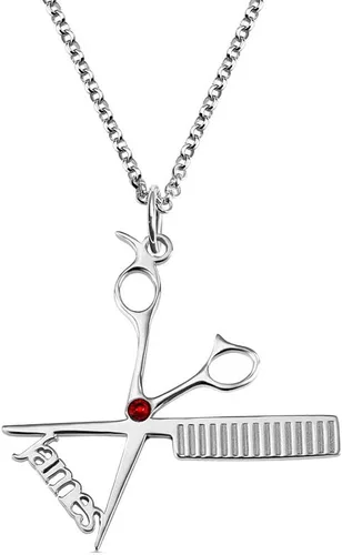 AILIN Collar de peluquería personalizado de plata de ley 925 de acero inoxidable con nombre personalizado, peine de tijera, dije de tijera,