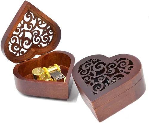 Miniatura 2 de FnLy Caja musical de madera grabada antigua, sobre el arco iris, con movimiento chapado en oro, en forma de corazón