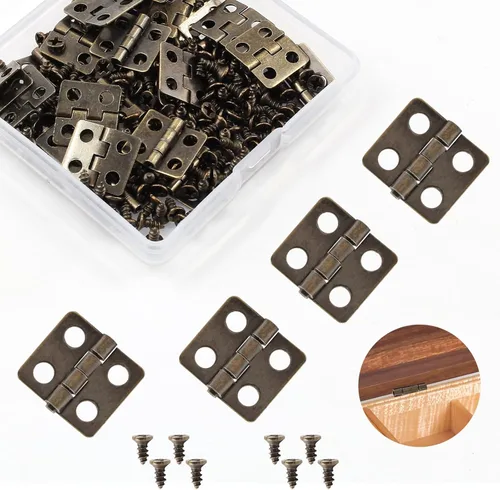 50 bisagras mini, bronce antiguo de 0.512 x 0.472 in, chapado en cobre, miniatura, retro, hierro, bisagras de montaje en superficie con tornillos